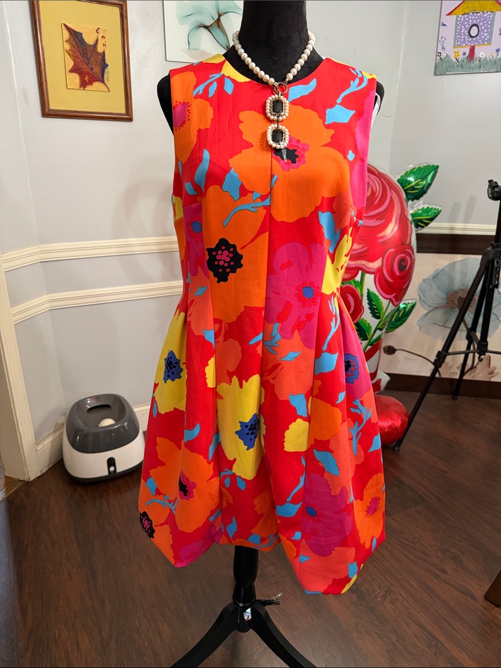 Anne Klein Vibrant Floral Sleeveless A-Line Dress - Red, Orange & Yellow